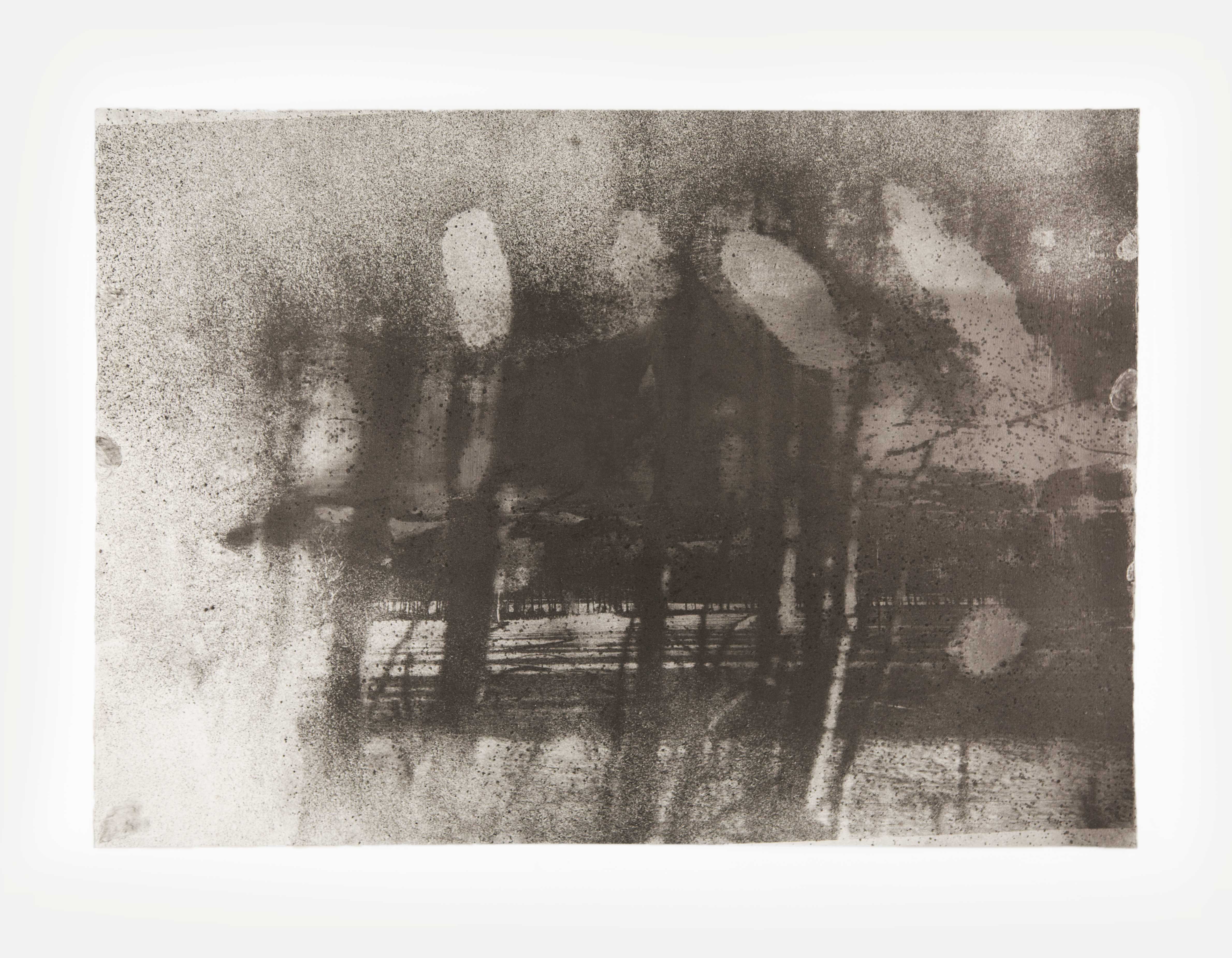Monochrome abstract drawing by Caroline Coolidge with a hazy, atmospheric quality, featuring dark vertical streaks and blurred forms that suggest a row of trees or figures; the surface is grainy and speckled, with soft-edged shapes and smudges fading into a light background.